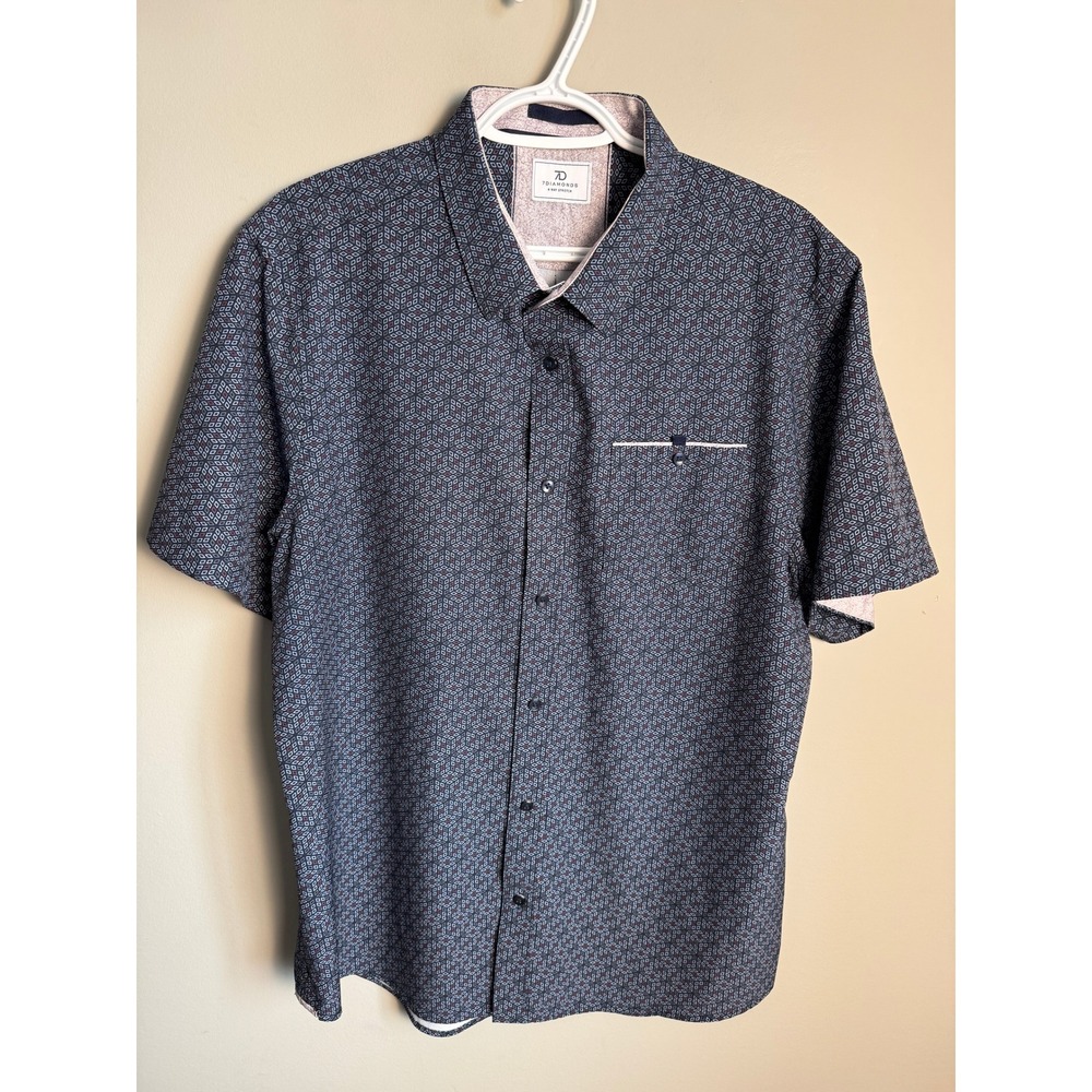 7Diamonds Mens Navy Geometric Liberty 4-Way Stretch XL Short Sleeve Button Down